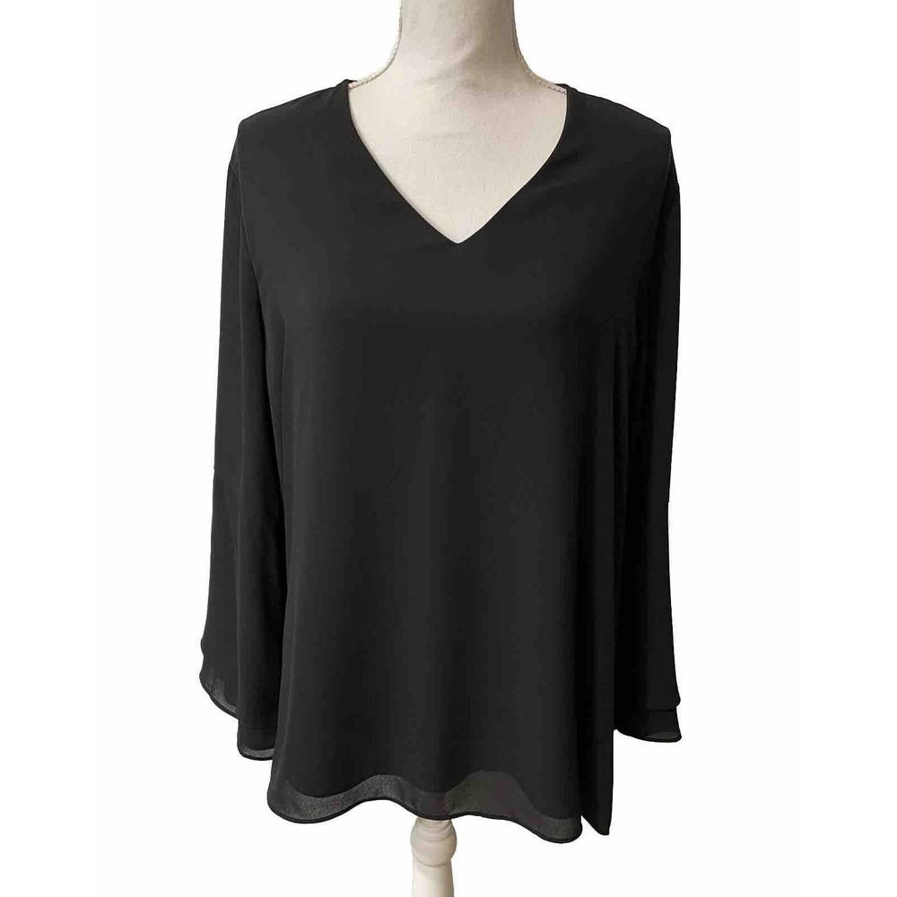 Alfani Blouse Top Size 16 Black V-Neck Long Layered Bell Sleeves